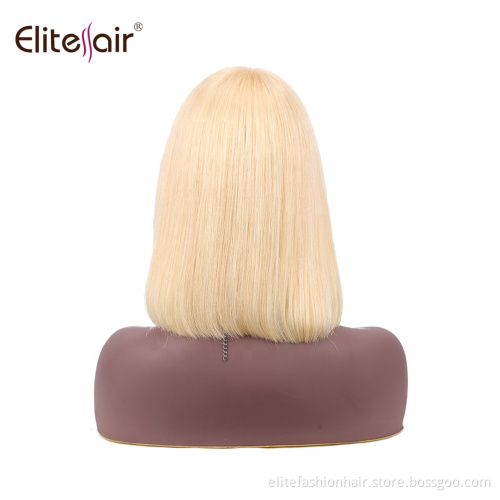 100% Brazilian Virgin Human Hair Glueless 613 Blonde Color Wig Flat Bang for for black Women Straight Short Bob Wigs with Bangs